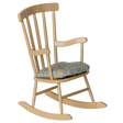 Maileg miniature wooden rocking chair in wheat color with a patterned floral seat cushion.