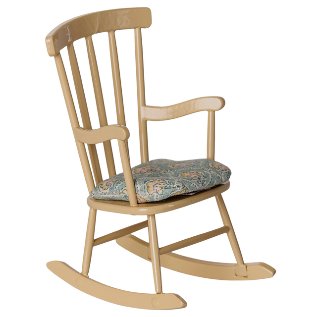 Maileg miniature wooden rocking chair in wheat color with a patterned floral seat cushion.
