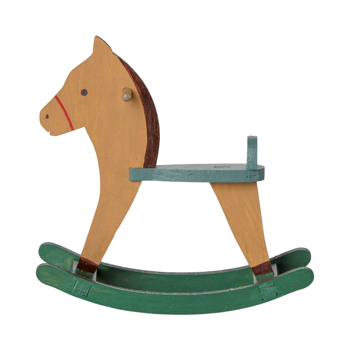 Maileg miniature light brown and green wooden rocking horse toy for mouse dolls.