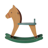 Maileg miniature light brown and green wooden rocking horse toy for mouse dolls.