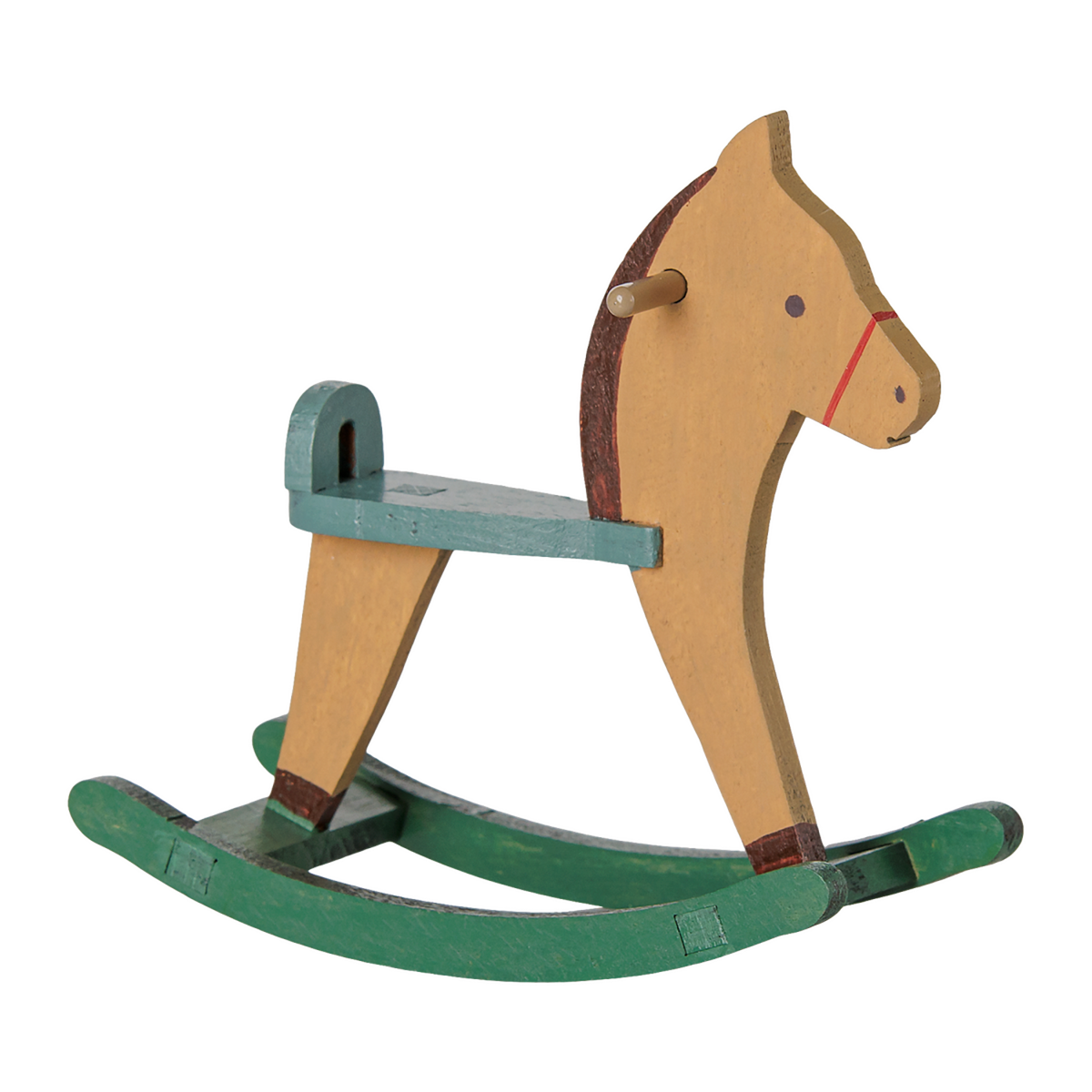 Maileg dollhouse wooden rocking horse toy for mice in light brown and green.