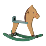 Maileg dollhouse wooden rocking horse toy for mice in light brown and green.