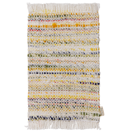 Maileg mouse dollhouse accessory featuring a small woven multi-stripe rug with colorful fringe details.