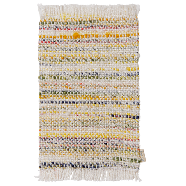 Maileg mouse dollhouse accessory featuring a small woven multi-stripe rug with colorful fringe details.