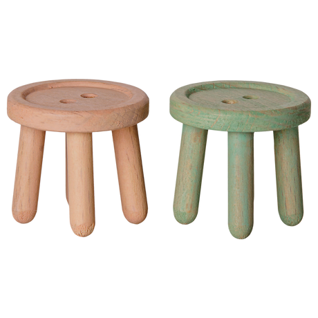 Maileg miniature mouse stool set featuring button-style tops in light rose and light mint green.