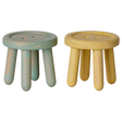 Maileg mouse dollhouse stool set featuring two small wooden button-shaped stools in mint and light yellow.