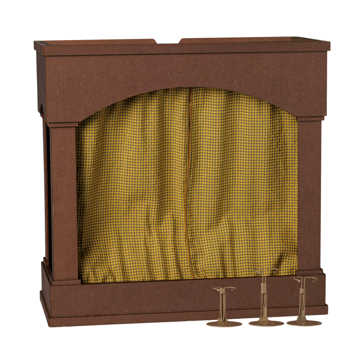 Maileg miniature mouse theater with a yellow checkered curtain and metal stands.