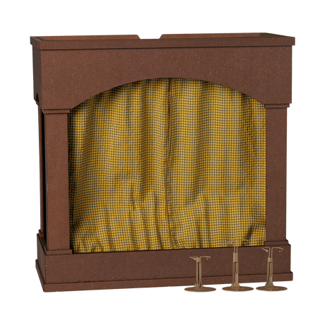 Maileg miniature mouse theater with a yellow checkered curtain and metal stands.