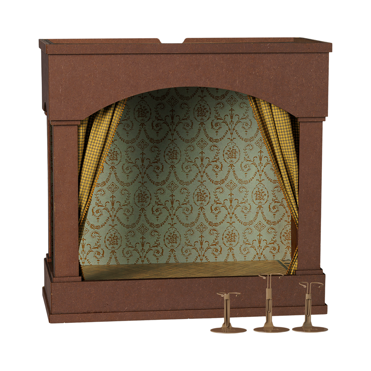 Maileg mouse theater front view with patterned backdrop and curtains.