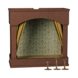 Maileg mouse theater front view with patterned backdrop and curtains.