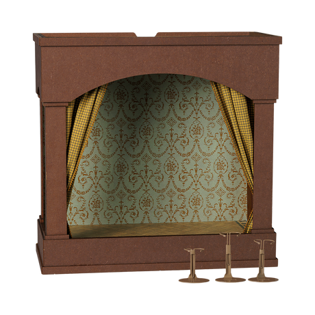 Maileg mouse theater front view with patterned backdrop and curtains.