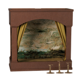 Maileg miniature mouse theater with swan backdrop, yellow checkered curtains, and doll stands.