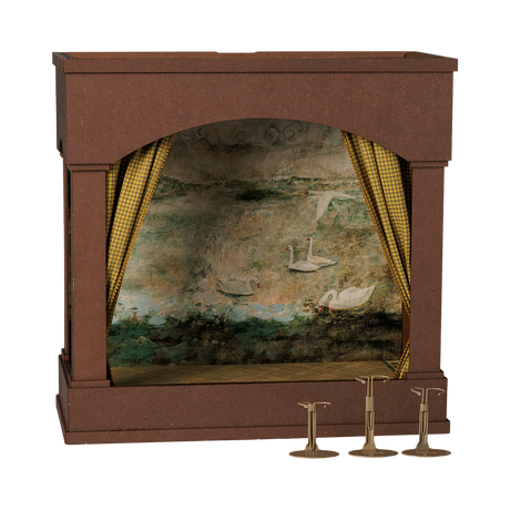 Maileg miniature mouse theater with swan backdrop, yellow checkered curtains, and doll stands.