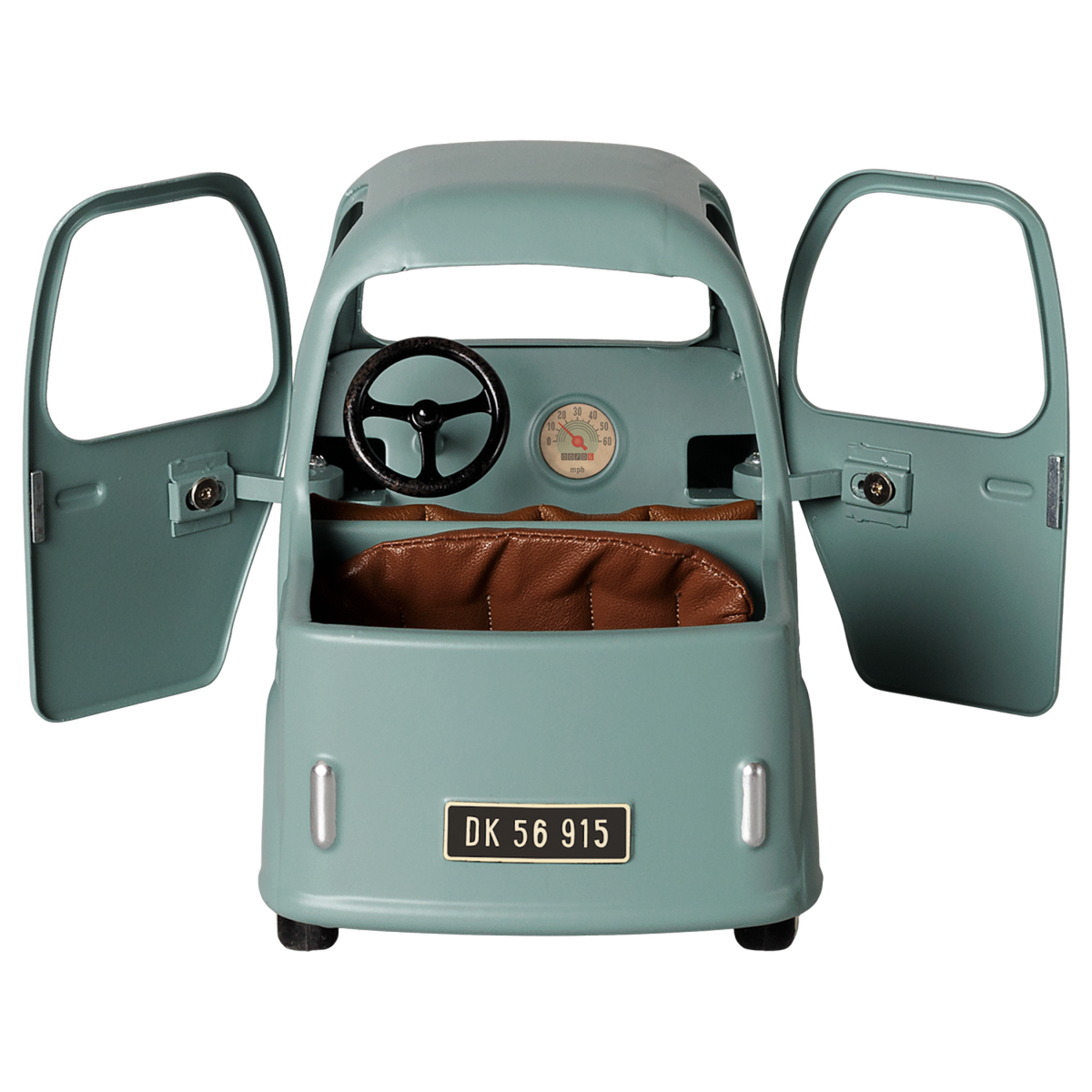 Maileg miniature blue mouse truck with open doors showing dashboard and brown seat.