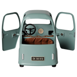 Maileg miniature blue mouse truck with open doors showing dashboard and brown seat.