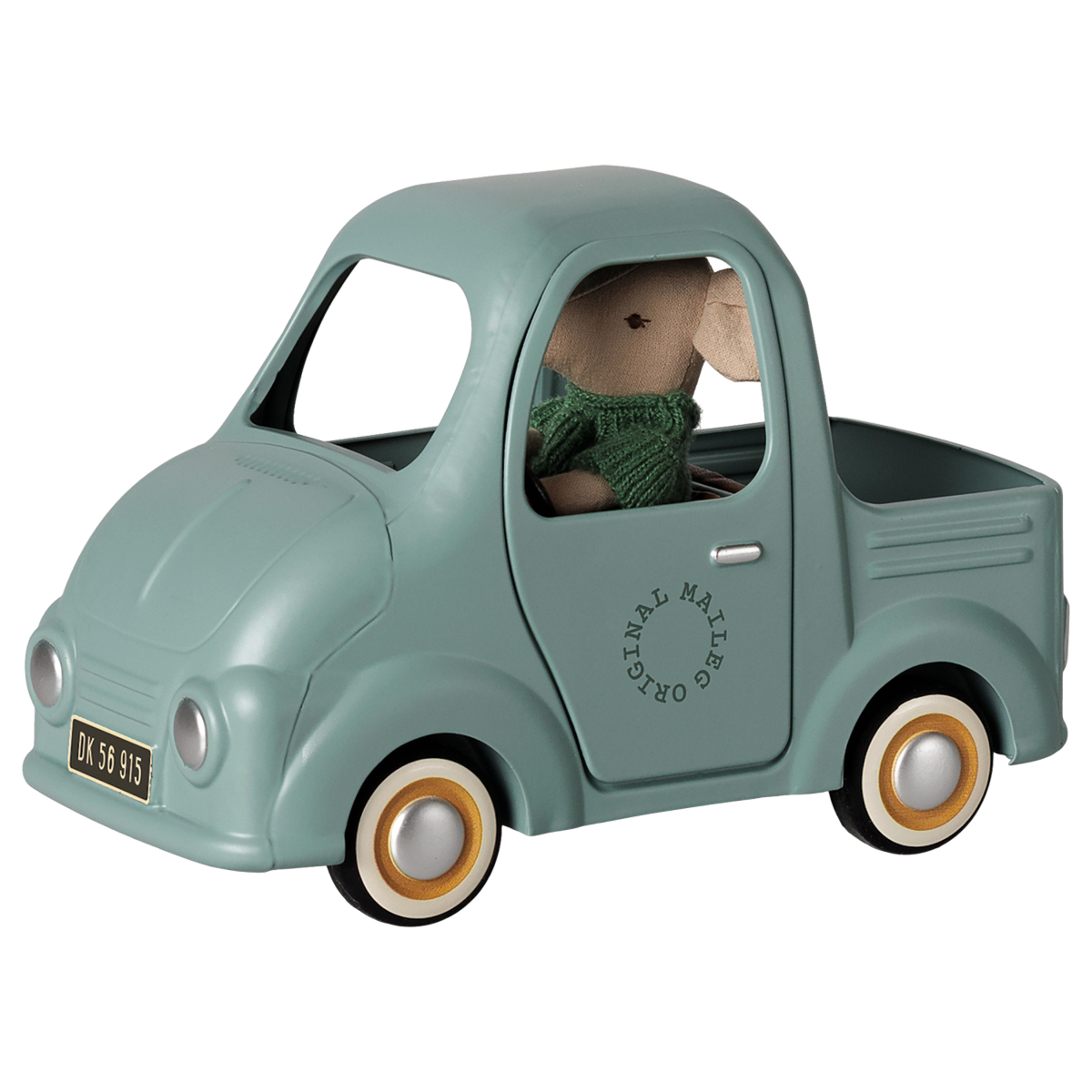 Maileg mouse toy truck in mint green with a plush mouse driver, vintage metal vehicle.