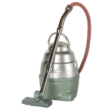 Maileg miniature toy vacuum cleaner in dark mint and silver with a red patterned hose.