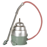 Maileg dollhouse miniature vacuum cleaner toy in dark mint green and silver with a red patterned hose.