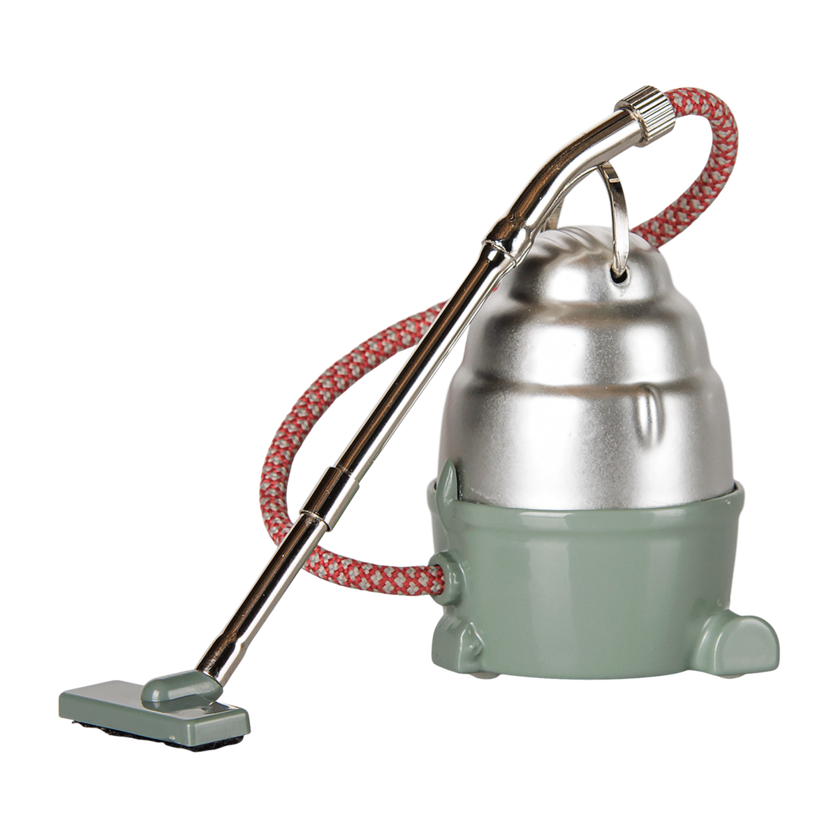 Maileg dollhouse mouse vacuum cleaner in dark mint green and silver with a red patterned hose.