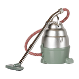 Maileg dollhouse mouse vacuum cleaner in dark mint green and silver with a red patterned hose.