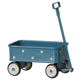 Maileg miniature blue toy wagon with white polka dots, designed for dollhouse mouse collections.