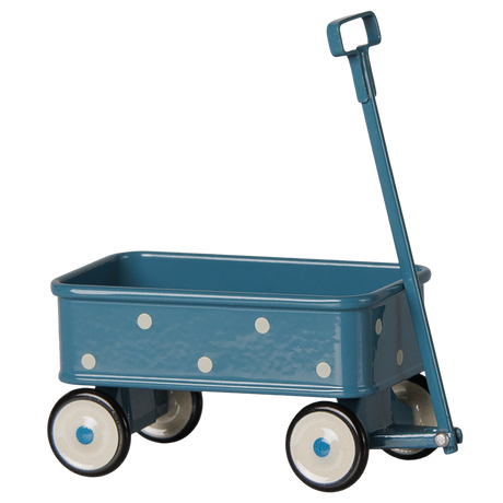 Maileg miniature blue toy wagon with white polka dots, designed for dollhouse mouse collections.