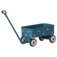 Maileg miniature blue toy wagon with white polka dots and a long pull handle for mouse dolls.
