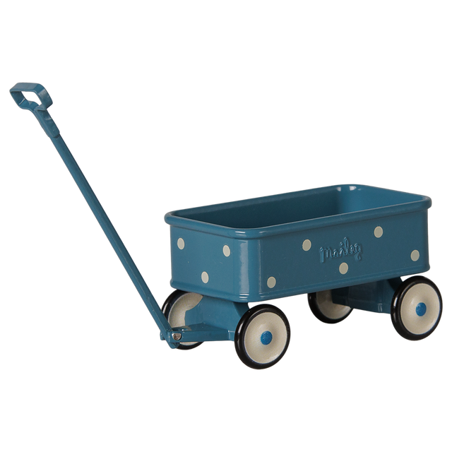 Maileg miniature blue toy wagon with white polka dots and a long pull handle for mouse dolls.
