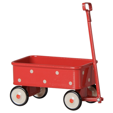 Maileg miniature red wagon with white polka dots for mouse dolls.