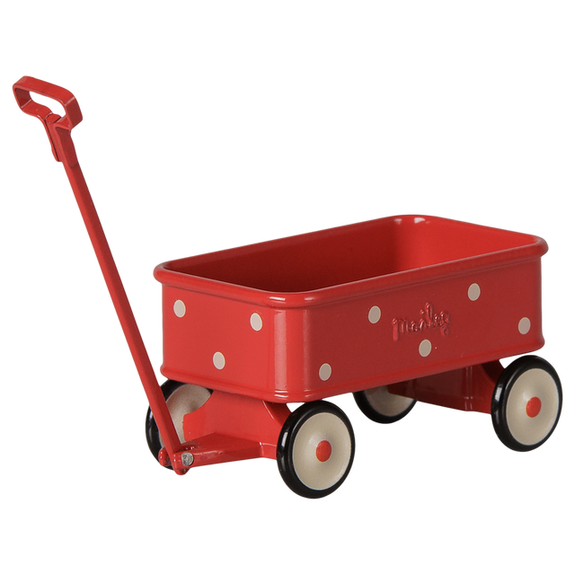 Red Maileg mouse wagon with white polka dots.