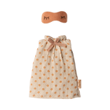 Beige miniature sleepwear set with polka dots, includes a nightgown and an eye mask with closed eye design. Soft, cozy, and inviting.