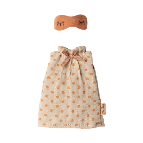 Beige miniature sleepwear set with polka dots, includes a nightgown and an eye mask with closed eye design. Soft, cozy, and inviting.