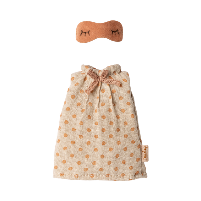 Beige miniature sleepwear set with polka dots, includes a nightgown and an eye mask with closed eye design. Soft, cozy, and inviting.