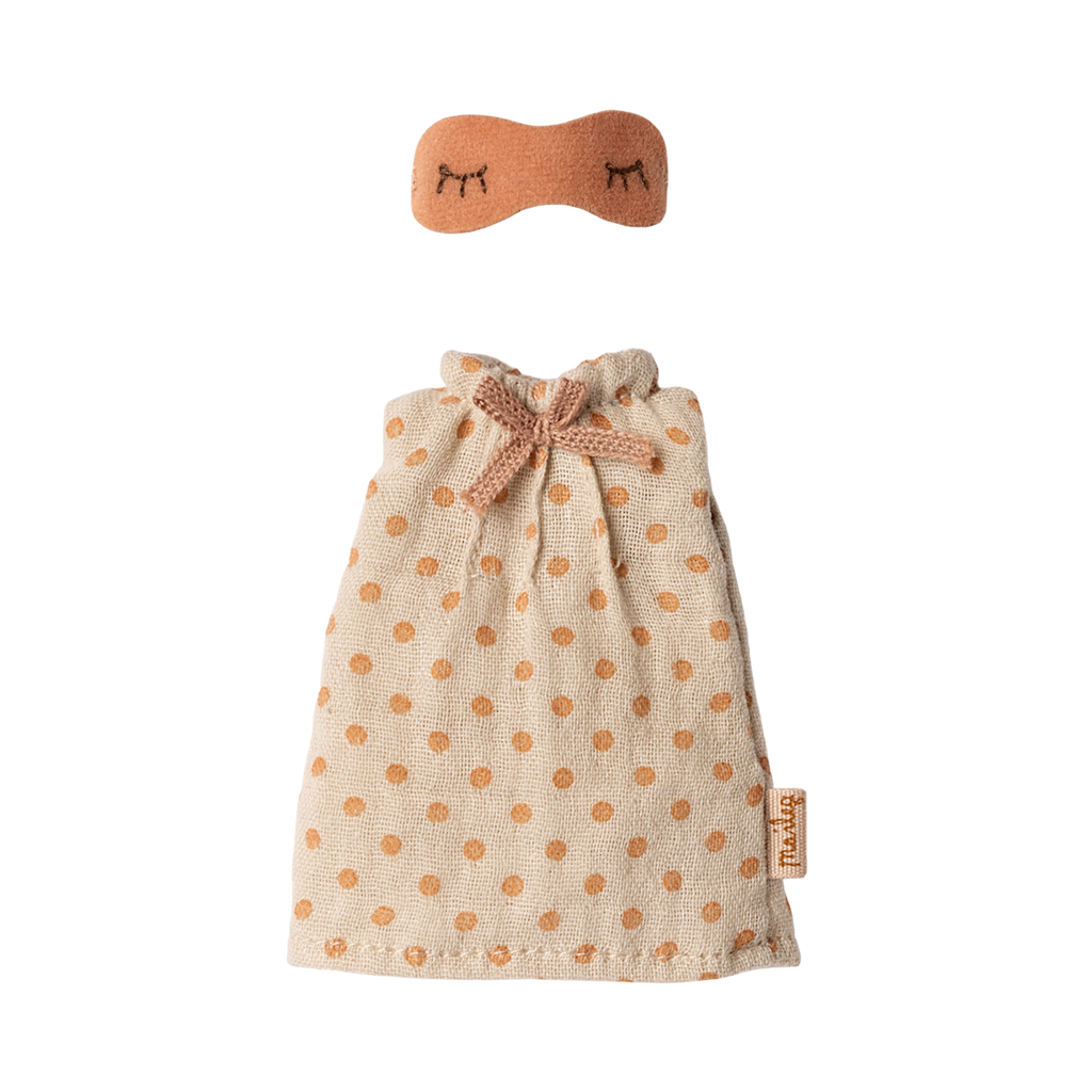 Beige miniature sleepwear set with polka dots, includes a nightgown and an eye mask with closed eye design. Soft, cozy, and inviting.