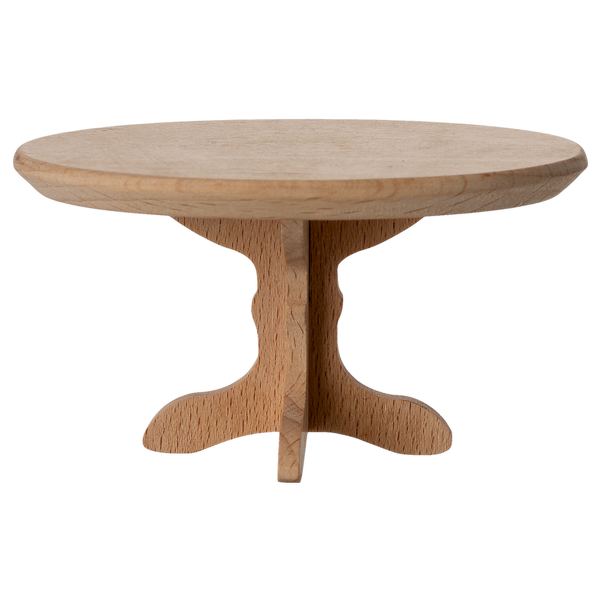 A miniature, oval wooden table with a smooth top and a decorative, carved pedestal base, showcasing a natural wood finish.