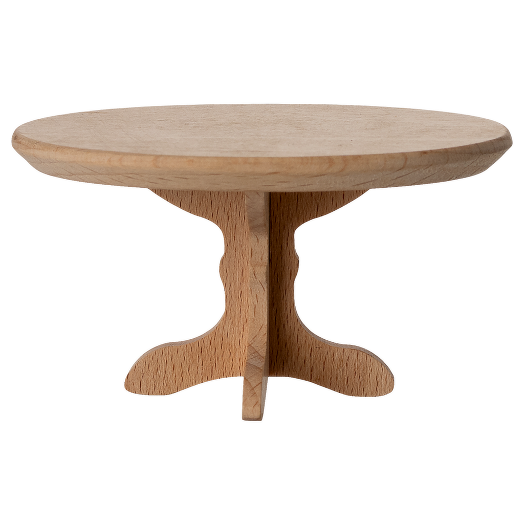 A miniature, oval wooden table with a smooth top and a decorative, carved pedestal base, showcasing a natural wood finish.