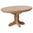 A miniature, oval wooden table with a smooth top and a decorative, carved pedestal base, showcasing a natural wood finish.