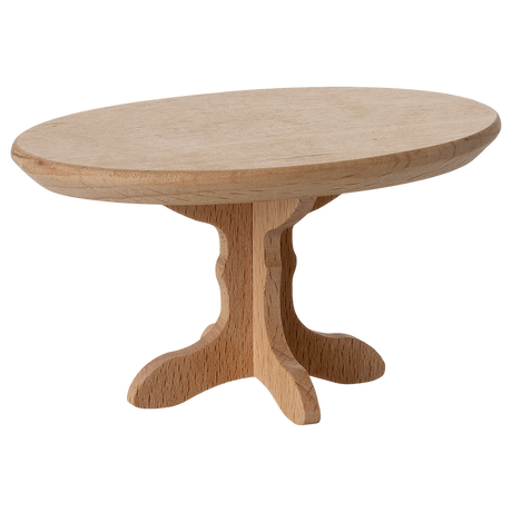 A miniature, oval wooden table with a smooth top and a decorative, carved pedestal base, showcasing a natural wood finish.