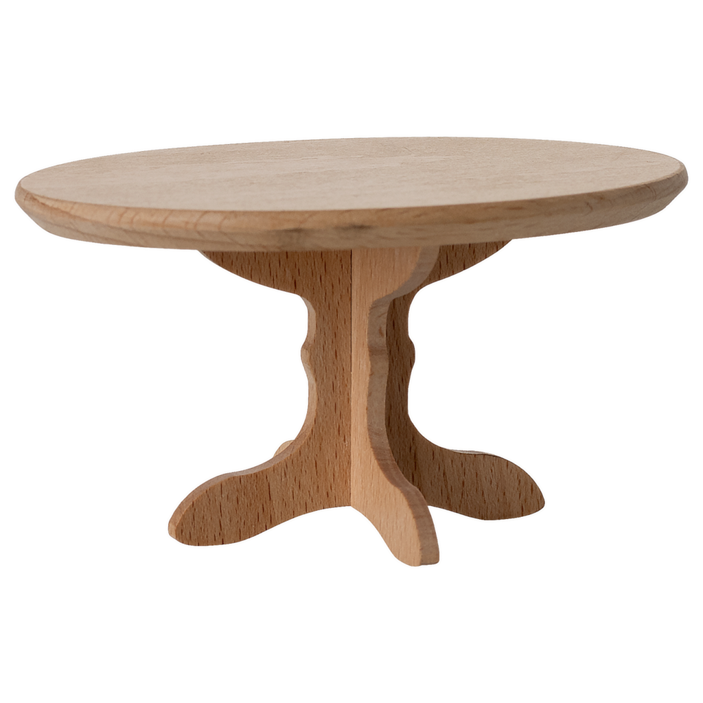 A miniature, round wooden table with an elegant, curved pedestal base, showcasing natural wood grain and a smooth finish.