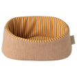 A cozy, rounded beige pet bed with a visible label on the side. The interior features yellow and white vertical stripes, creating a warm, inviting look.