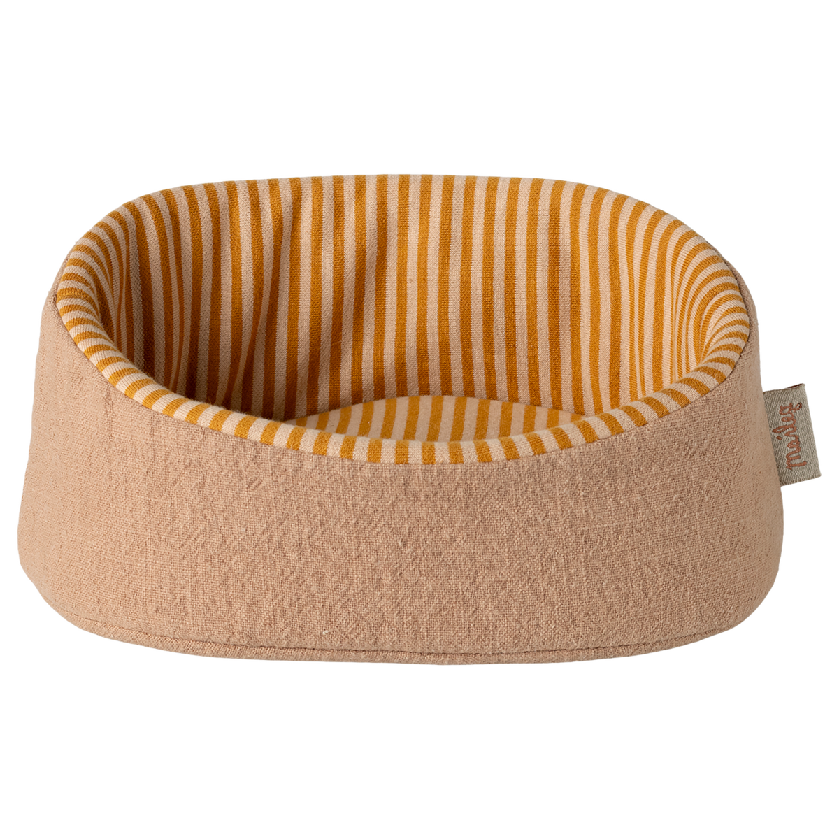 A cozy, rounded beige pet bed with a visible label on the side. The interior features yellow and white vertical stripes, creating a warm, inviting look.