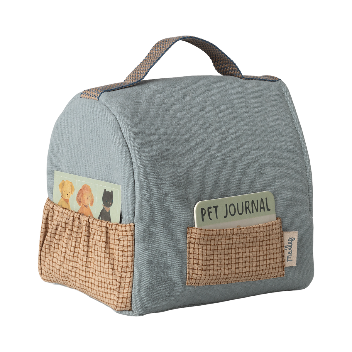 Soft fabric case with a gray handle and brown pockets, containing a pet journal and a card with animal illustrations, set against a white background.