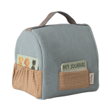 Soft fabric case with a gray handle and brown pockets, containing a pet journal and a card with animal illustrations, set against a white background.