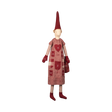 A whimsical doll with a tall red hat and striped leggings wears an advent calendar dress with numbered pockets and a heart design, creating a festive, joyful tone.