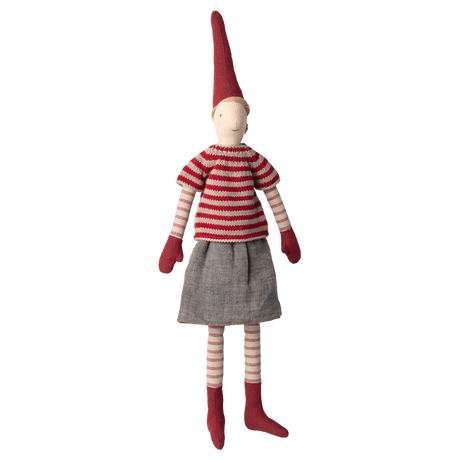 A whimsical stuffed doll wearing a red striped shirt, grey skirt, and tall pointed hat, with red mittens and socks, against a white background.