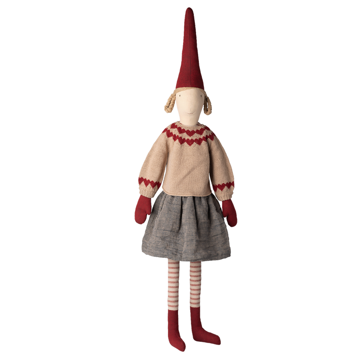Whimsical doll with a tall red hat, beige sweater with red details, gray skirt, red mittens, and striped leggings, set against a white background.