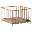A small, beige metal playpen with vertical bars stands on a white background. Inside is a cushioned mat featuring a subtle floral pattern in green and pink tones.