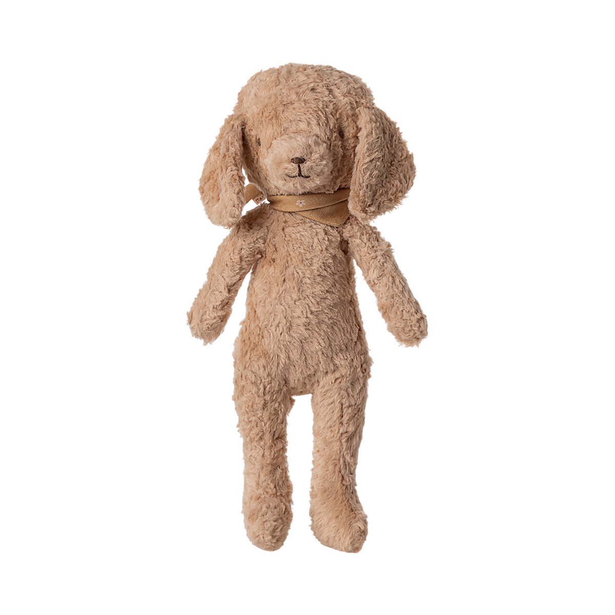 A plush, light brown teddy bear with floppy ears, a small stitched nose, and wearing a soft brown scarf. It appears cozy and inviting.