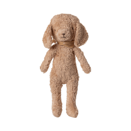 A plush, light brown teddy bear with floppy ears, a small stitched nose, and wearing a soft brown scarf. It appears cozy and inviting.