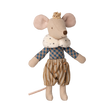 A cute fabric mouse toy wears a small gold crown, a blue and beige checkered top, and striped pants, with a dotted ruff collar and pink ears.